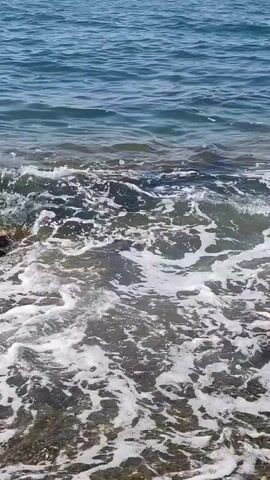 The video shows a close-up of waves crashing against rocks on the shore of a body of water. The water is a clear blue, and the waves are white and foamy as they break. The rocks are dark and wet, and they appear to be covered in algae. The scene is peaceful and serene, and it evokes a sense of calm and tranquility.