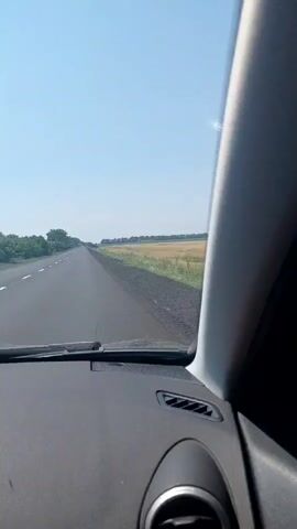This is a video taken from inside a vehicle, looking out the window. The scene outside is a vast, golden wheat field under a clear blue sky. The sun appears to be high, indicating it is likely daytime. The weather seems to be pleasant and sunny.

The camera is positioned to show the interior of the car on the left side of the frame, including a dark dashboard and part of an air vent. The majority of the frame is dedicated to the view outside. The wheat field stretches to the horizon, with a visible pathway or track cutting through it. The edge of the field is bordered by green grass and some sparse vegetation. In the distance, a faint line of trees or hills can be seen against the sky.

The video captures a sense of movement, suggesting the vehicle is traveling along a road adjacent to the field. There are some reflections on the window, including what appear to be streaks of light or dust. No people or specific objects are clearly identifiable within the field itself. The overall mood conveyed is one of a peaceful journey through a rural landscape.

The location context provided is Pidlisne, Ukraine.
