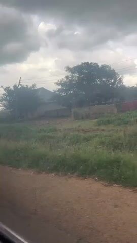 The video shows a view from a moving vehicle. The scene is outdoors, with a cloudy sky. On the left side of the frame, there is a dirt road. In the background, there are trees, some buildings, and what appears to be a small covered structure with pillars, possibly a gas station canopy. There is also a utility pole with wires visible. The ground is covered with grass and some patches of cultivated land. The overall impression is of a rural or semi-urban environment.