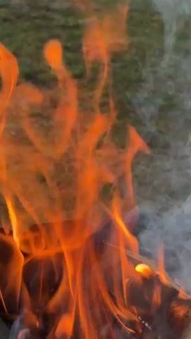 The video shows a close-up of a burning fire. Flames in shades of orange engulf pieces of wood. Wisps of grey smoke rise above the fire. In the blurred background, there is a glimpse of what appears to be grass.
