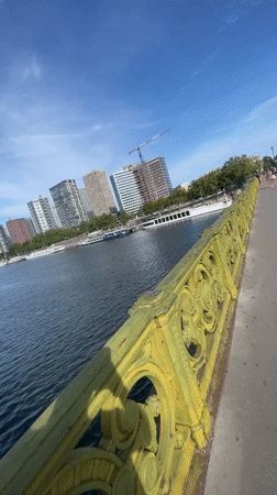 Seine River views from a yellow ornate bridge railing, Paris