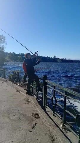 The video opens with a person wearing a black jacket and a red backpack, leaning on a metal railing and looking out over a wide, choppy body of water. The sky is clear and blue, indicating a sunny day. In the distance, a shoreline with buildings and trees is visible under the bright sunlight. The camera then pans right, revealing more of the turbulent water with white foam near the railing. The pan continues, showing a green pole in the foreground, and then a white two-deck boat positioned near a treed shoreline in the distance. The water remains agitated throughout the video, suggesting windy conditions. The scene depicts a waterfront area, likely a lake or large river, with a paved walkway for observers. No text is visible in the video.