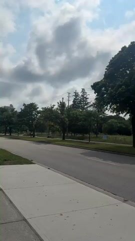 The video pans across a suburban street on a cloudy day. The street is paved and has a sidewalk on the left. There are trees and houses on both sides of the street, as well as power lines and utility poles. In the first clip, a large tree with dark green leaves is prominent in the foreground. The second clip shows two houses with dark roofs and garages. One house has a tall evergreen tree in front of it. The third clip shows a two-story house with a balcony and a black SUV parked in the driveway. A blue recycling bin is visible to the left of the house. A bus stop sign is also visible on the right side of the frame. The fourth clip shows a street intersection with a wooden post in the foreground. A stop sign is mounted on the post. The sky is blue with some white clouds.