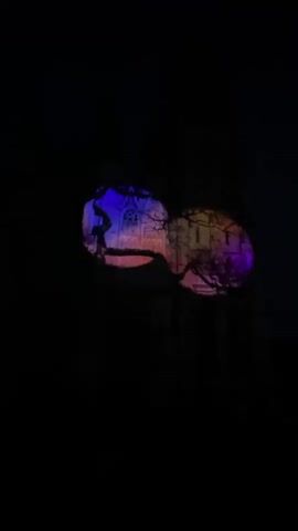 A video shows a dark environment with a light projection on a building. The projection is a circle with a multicolored image, including blue, purple, and orange hues. The projection changes, with the image inside shifting, and then a second, smaller circular projection appears higher on the building, also displaying a similar shifting, multicolored image. Silhouettes of tree branches are visible over the projections. The scene is dark, implying nighttime or a dimly lit space.