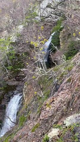A video shows a drone flying backward over a rocky, wooded hillside with a waterfall cascading down the rocks. The drone then flies over a river winding through a valley with trees and a road. The video is shot from a high angle and is mostly in landscape orientation. The lighting is dim and overcast. The trees are bare, with some yellow foliage. The water is white and frothy. The rocks are rough and uneven. The overall impression is one of a wild and rugged natural landscape.