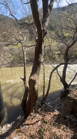 Muddy river flows rapidly through Stara Kresna Bulgaria