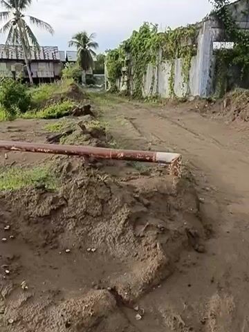 The video shows a scene with a disturbed landscape in the foreground, characterized by mounds of dark soil and a rusty pipe laid across the ground. In the background, there are some simple buildings with tin roofs, possibly houses or storage structures, and palm trees. Vegetation, including grass and some cultivated plants, is visible. A long, overgrown wall or structure with vines growing on it is on the right side of the image. The overall impression is of a rural or semi-developed area that may have experienced some recent earth movement or construction. The lighting suggests daytime.