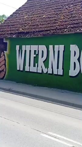 A young person wearing a black t-shirt and shorts walks past a green wall with large white lettering and a mural. The mural features a red and white crest with a white eagle and the words "WKS SPASS" within a circular emblem. The wall is at the side of a road with a sidewalk. The roof of the building is visible at the top of the frame, appearing to be covered in moss or algae. The video is shot from a low angle, capturing the side of the wall and the road. The overall lighting suggests it is daytime, possibly sunny.