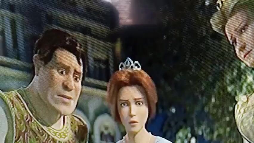 This is a screenshot from a video that appears to be a scene from the animated movie Shrek. In the foreground, there are three characters. On the left is Shrek, a large green ogre, looking to the right with a concerned expression. Next to him is Princess Fiona, with red hair and a tiara, looking forward with a worried expression. To the right of Fiona is a blonde character, possibly another princess, also looking down with a troubled expression. Behind them, a white llama-like creature is visible on the left, and a smaller figure in a dark hat is partially obscured on the right. The background suggests an outdoor setting, possibly a courtyard or garden, with some architectural elements and foliage visible. The overall mood of the scene appears to be one of distress or concern.