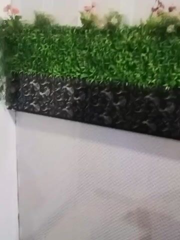 The video begins with a close-up of a decorative wall panel featuring artificial greenery and pink flowers. The panel is divided into a green section on top and a black section with a textured pattern below. The camera then pans to the right, revealing a treadmill. The treadmill is black with red accents on the belt. On the console of the treadmill, there is a tablet propped up, a cup holder, and other electronic components. A black bag with white stripes hangs from the side of the treadmill. The background appears to be a wall with a light-colored, patterned texture. The lighting is dim and appears to be artificial.