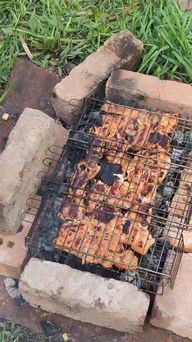 The video shows a barbecue grill made from bricks outdoors in a grassy area. The grill is topped with a metal grate containing several pieces of what appears to be marinated chicken or other meat. The meat is cooking over hot coals, and there is a small amount of smoke rising from the grill. The bricks are arranged around the grill to contain the coals and support the grate. The grass is green, and there are some small pieces of debris around the grill area.
