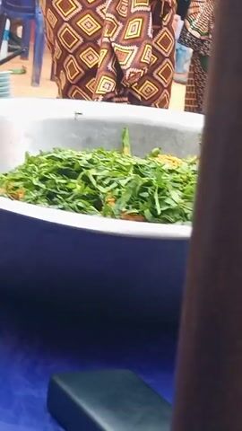 The video shows a person standing in front of a large metal bowl filled with what appears to be food. The bowl is blue on the outside and silver on the inside. The food consists of a mix of green leafy vegetables and some orange-colored ingredients. The person is wearing a patterned brown and gold shirt.  There is a stack of white plates to the left of the bowl and a black rectangular object on a blue surface in the foreground. Another person's arm is briefly visible on the right side of the frame. The background shows other people and some chairs.