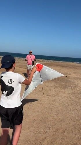 Family enjoys kite flying on Antigua beach under clear skies