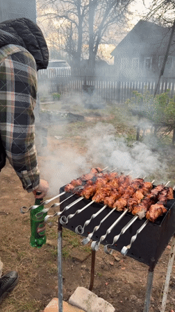 Man grills kebabs in backyard, Bronnitsy Russia