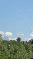 Cable car spotted over green hillside neighborhoods in Sochi