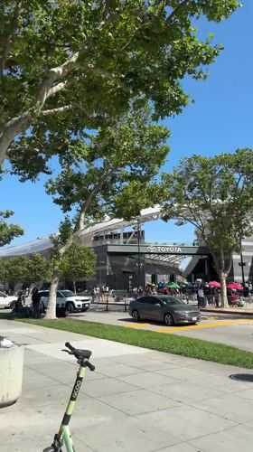 Pedestrians spotted near LA sports venues during clear evening