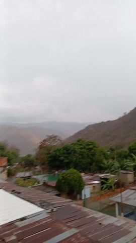 The video shows an overcast landscape. In the foreground are the rooftops of buildings, mostly covered with rusty corrugated metal. Beyond the buildings, there are lush green trees and vegetation. In the background, rolling hills fade into a hazy distance under a gray sky. The camera pans slightly to the right, focusing on one of the hills, revealing its sparse vegetation and steep slope. Overall, the scene depicts a rural area, possibly a small town nestled in a mountainous region.