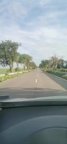 The video shows a driver's point of view from inside a car driving down a straight, paved road. There's a white line in the middle of the road. On either side of the road are fields of green vegetation. Rows of trees line the road, with leaves fully grown. The sky is a mix of blue and white clouds. The dashboard of the car is visible at the bottom of the frame. Music plays.