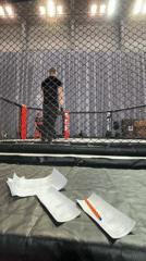 Papers and orange object spotted on MMA cage padding