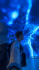 Tourist observes blue water-like ceiling display in Malé