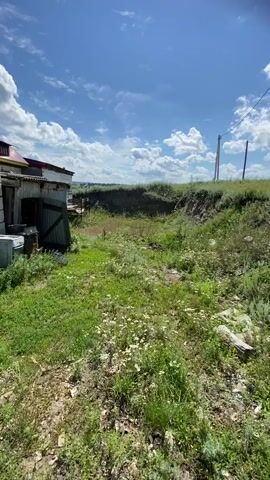 The video begins by showing a partially constructed building on the left side of the frame, with a corrugated metal wall and a wooden door. The foreground is covered in grass and dirt, with some scattered white flowers. The background consists of a gently sloping hill covered in green grass and some scattered bushes. A power line stretches across the top of the frame, supported by wooden poles. The sky is blue with scattered white clouds.

The camera then pans to the right, showing more of the grassy hillside and power poles. In the distance, a small red outhouse with a peaked roof is visible. The camera continues to pan, and then a woman appears in the frame, holding the camera and taking a selfie. She is wearing sunglasses, a white shirt over a maroon tank top, and jeans. Her long brown hair is blowing in the wind. The video captures her smiling at the camera as she stands on the grassy slope. The environment remains the same, with the grassy hillside and power lines visible in the background.