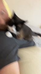 Man and cat share quiet moment on couch in Russia
