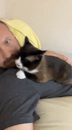 Man and cat share quiet moment on couch in Russia