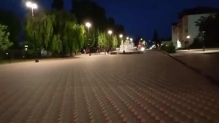 The video shows a paved walkway at night, illuminated by streetlights. Trees line the left side of the walkway, and a fountain is visible in the distance on the right. A few people are walking along the path.