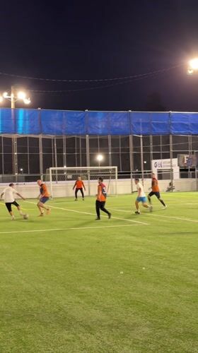 Late-night soccer match played on artificial turf in Los Angeles