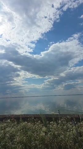 The video shows a wide shot of a calm body of water under a cloudy sky. The sun is visible and shining through the clouds. In the foreground, there is a concrete barrier with some dry vegetation growing on top and around it. The water stretches out to the horizon, and the sky is filled with scattered clouds. The overall impression is one of a peaceful and serene natural landscape.