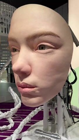 A close-up, eye-level shot shows the head of a realistic-looking humanoid robot. The head is bald and appears to be made of synthetic skin, with meticulously rendered facial features including eyebrows, eyelashes, and lifelike eyes that shift slightly. The skin has a peachy hue and displays subtle variations in tone. Below the head, the robot's mechanical components are visible: white support structures, various wires, and small metal cylinders. The background includes a purple striped rug, white serpentine tubes, and glimpses of a modern interior with architectural elements. The scene is well-lit. The camera is static, focusing primarily on the robot's face. There are indistinct ambient sounds.