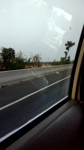 The video is shot from inside a vehicle, looking out the side window. The window is large and reflective, showing a blurry image of the interior of the vehicle, possibly a bus or train, including seats and what appears to be a person sitting. The exterior view shows a road with a white line and a shoulder. There are trees and vegetation along the side of the road. The sky is overcast or hazy. The scene is very static, with no discernible movement except for the slight reflections and potential vibrations from the vehicle. The overall impression is that of travel, looking out at a landscape passing by.
