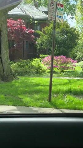 The video shows a street scene from inside a car. The car is driving past residential houses on a sunny day. The houses have well-maintained lawns, trees, and landscaping. One house is brick with a green roof and another is yellow with a covered porch.
