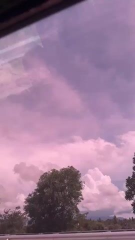 A shot of the sky through a window. The sky is filled with clouds. The colors of the sky are mostly purple and pink. The sun is not visible, but its light is casting a pinkish hue on the clouds. Trees are visible at the bottom of the frame. The camera is moving slightly, as if being held by someone.