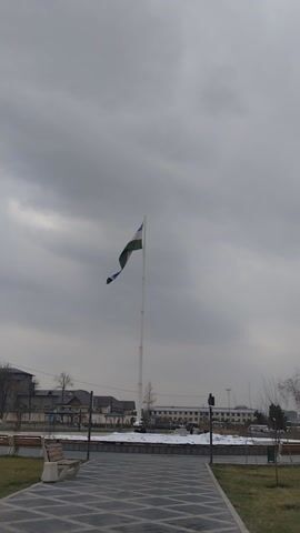 The video displays the flag of Uzbekistan waving gently in the wind, set against an overcast, grey sky. The flag features three horizontal stripes: light blue on top, white in the middle, and green at the bottom. Thin red fimbriations separate the white stripe from the blue and green stripes. On the light blue stripe, near the hoist (the side attached to the flagpole), a white crescent moon and 12 white stars are visible.

The flag is mounted on a tall, light-colored flagpole. To the right of the flagpole, a paved area with a distinctive geometric pattern, possibly made of dark and light grey tiles, is visible. Beyond this paving, there is a strip of green grass. In the further background, various buildings, possibly residential or commercial structures, can be seen, along with some bare trees, suggesting either late autumn, winter, or early spring. Several lampposts or streetlights are also present in the background. The overall scene suggests a public space, such as a park or town square, on a cloudy day.