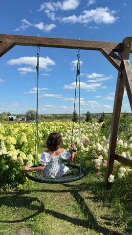A young person with dark, curly hair wearing a white dress with blue floral print is sitting on a round, net-like swing. The swing is suspended from a wooden A-frame structure. The person is facing away from the camera, looking out at a field of white and pink hydrangeas under a bright blue sky with scattered white clouds. The scene is outdoors, with green grass in the foreground and a distant landscape of trees and fields. The person's arms are resting on the sides of the swing, and their feet are dangling below. The overall impression is one of serene enjoyment in a natural, picturesque setting.