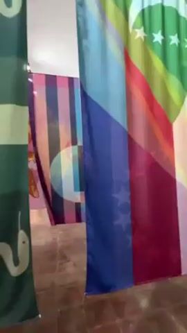 The video shows an art exhibit in an indoor space. The camera pans through a display of hanging fabric banners, each with different colors and designs. The banners are translucent, allowing the viewer to see the designs on banners behind them. The floor is made of tile. The walls are white.