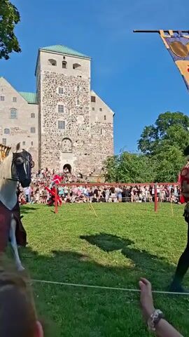 A knight in full armor sits astride a horse, also adorned in decorative coverings, in a grassy field before a stone castle. The knight holds a sword aloft in their right hand. Spectators line the perimeter of the field, some standing, others seated. Several other knights on horseback are visible further back in the field, also in armor and ornate coverings. A person holding a red flag with a crest is also present. The sky is clear and blue. The scene appears to be a historical reenactment or festival.