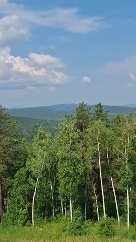 A drone shot pans across a dense forest and rolling hills under a partly cloudy sky. The foreground is filled with the tops of pine and birch trees. In the midground, a valley is visible, dotted with more trees and hints of human habitation. The background features layers of hazy, blue-green hills stretching towards the horizon.
