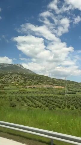 The video captures a scenic landscape from a moving vehicle on a bright, sunny day. The foreground shows a metallic road barrier with green grass and foliage blurred by motion. Beyond the road, the midground is dominated by rolling hills covered in lush green vegetation, possibly olive groves, interspersed with patches of lighter, drier ground. A winding dirt path cuts through the green landscape, leading towards the background.

In the distance, larger mountains with rocky, grey peaks rise under a clear blue sky dotted with scattered white cumulus clouds. Several tall power line towers are visible on the hillsides and in the background. Briefly, a green road sign with the number "493" in white text appears on the left side of the frame. The overall impression is one of natural beauty and open spaces.

While no people are visible, the audio features background speech in Bulgarian, with phrases mentioning "Престанското езеро" (Prespan Lake) and something about being "образувани" (formed or educated). The scene is consistent with the geographical context of Gravouna, Greece, which is near the Prespan Lakes region.
