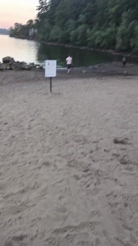 The media file shows a beach scene along a body of water. The setting appears to be a lake or calm river, with trees lining the opposite shore, suggesting a natural landscape. The beach itself is sandy, with a few scattered rocks along the water's edge.

In the foreground, the sand takes up a significant portion of the frame, indicating a wide beach area. There is a signpost visible on the beach, which is white with some text and graphics, likely providing information or rules for the area. The water is relatively calm, reflecting the soft, diffused light of what appears to be either early morning or late evening. The sky exhibits pastel hues of pink and orange, consistent with sunrise or sunset.

A person can be seen walking near the water's edge, dressed in casual clothing, suggesting leisurely activity like a stroll. There are also some indistinct shapes in the water, possibly small boats or floating objects, and a faint outline of structures on the far shore. The overall atmosphere is peaceful and serene, evoking a sense of calm and relaxation. The image is somewhat blurry, perhaps due to motion during capture or low light conditions.