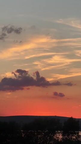 A vertical video shows a sunset over a silhouette of trees and hills. The sky transitions from a pale gray at the top to vibrant orange and red near the horizon. Wispy clouds are scattered across the sky, some tinged with purple. Tiny dark specks, likely birds, are visible in the sky, particularly around the larger clouds. The overall impression is a peaceful, natural landscape at dusk.