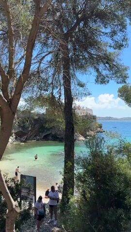 The video presents a picturesque view of a beach scene from a slightly elevated position. The foreground is framed by the branches of mature trees, offering glimpses of a cove with clear, turquoise water. Several people are visible: some are standing on the sandy beach, while one person is wading in the water. A signpost is situated near a couple standing on a rocky path. In the background, a building, possibly a house or a small castle, sits atop a rocky cliff, overlooking the sea. The sky is a bright blue, dotted with a few white clouds, suggesting a sunny day. The overall scene conveys a sense of tranquility and natural beauty.