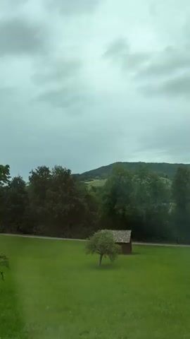 The video shows a landscape with trees, grass, and hills under a cloudy sky. There are two distinct trees in the foreground, one on the left and one on the right, both with green foliage. A small building with a stone facade is visible behind the tree on the right. The background consists of a dense line of trees, rolling hills, and a vast, overcast sky. The camera appears to be moving slowly to the right, panning across the scene.