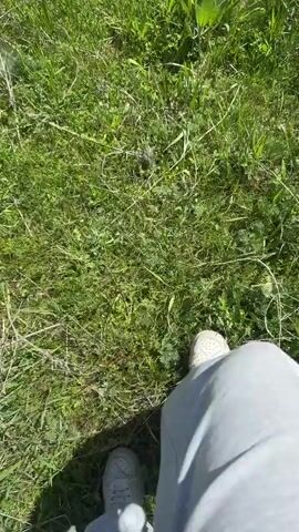 The video shows a person walking through a grassy field towards a rocky hill under a blue sky with white clouds. The camera follows the person as they walk up the hill. The field is covered in green grass and weeds, and there are some rocks scattered around. The hill is also covered in green grass and rocks, and there is a clear blue sky with white clouds above.