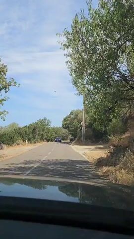 This is a first-person perspective video from inside a car driving on a paved road surrounded by trees and vegetation. The sky is blue with scattered clouds. A blue car is visible driving ahead on the road. There is a tall pole with some sort of equipment on top to the right of the road. The road appears to be winding uphill. The driver's side dashboard is visible in the foreground, reflecting the sky and the road.
