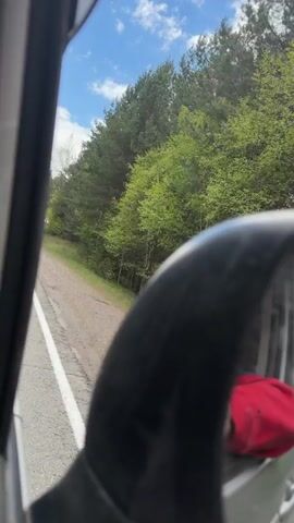 The video shows a view from inside a vehicle moving along a road. The camera is positioned near the window, offering a partial view of the side mirror and the passing scenery. The road is paved and has a white line marking the edge. Adjacent to the road is a grassy area, followed by a dense forest with various shades of green trees. In the background, a blue sky with scattered white clouds is visible. A road sign indicating a junction is seen briefly. The side mirror is in focus and partially obscures the view. A red object, possibly a cap, is visible in the reflection on the mirror. The vehicle appears to be moving at a steady speed based on the blurred background.