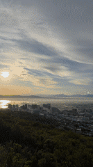 Cape Town at sunrise, seen from above the mountain range