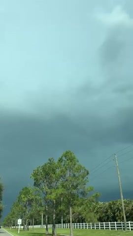 The video shows a side view of a car driving down a road lined with trees and a white fence. The sky is dark and overcast, suggesting an approaching storm. The trees are green and leafy, and some power lines are visible. A speed limit sign that reads "SPEED LIMIT 45" is visible on the left side of the road.