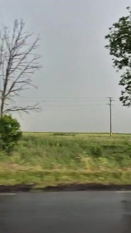 The video shows a view from a moving vehicle, likely a car, driving alongside a rural landscape on an overcast day. The road is wet, suggesting recent rain. To the side of the road is a green field, possibly farmland, with some trees and bushes interspersed. A power pole with overhead lines is visible in the distance. The sky is grey and overcast.
